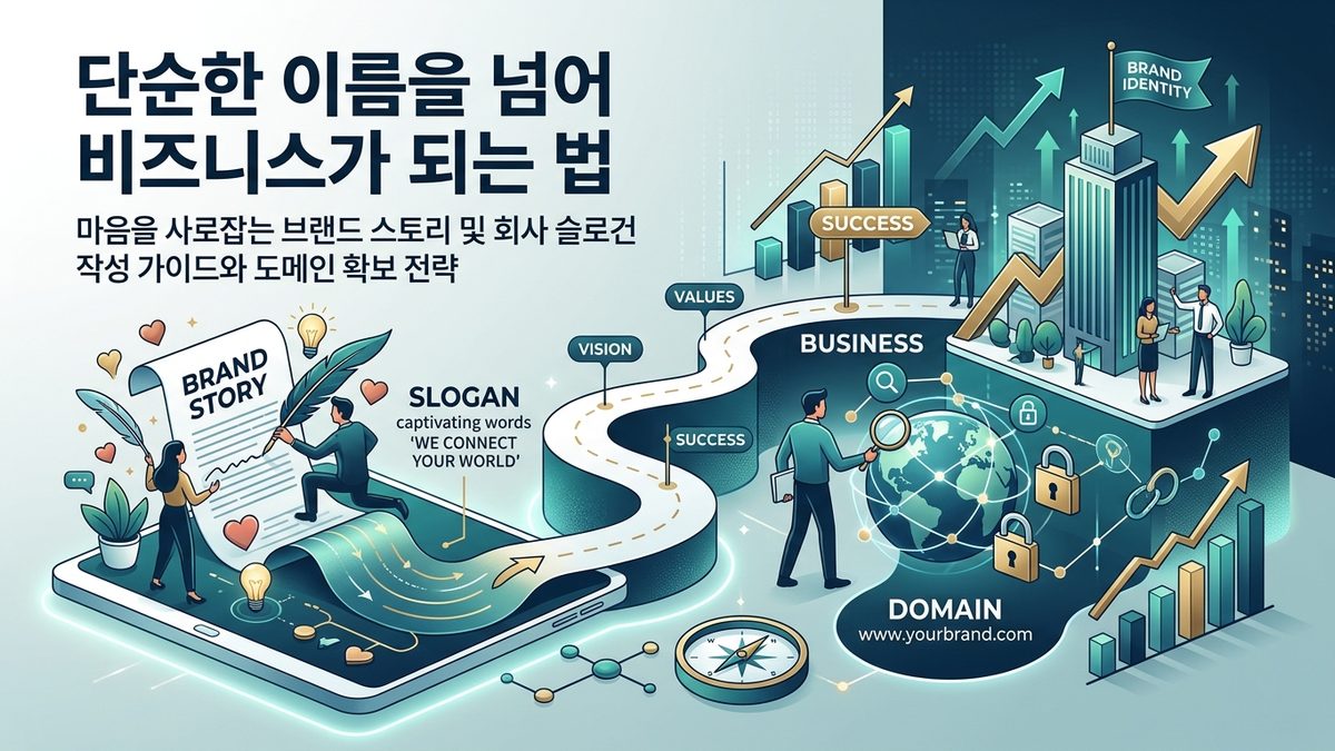 단순한 이름을 넘어 비즈니스가 되는 법: 마음을 사로잡는 브랜드 스토리 및 회사 슬로건 작성 가이드와 도메인 확보 전략
