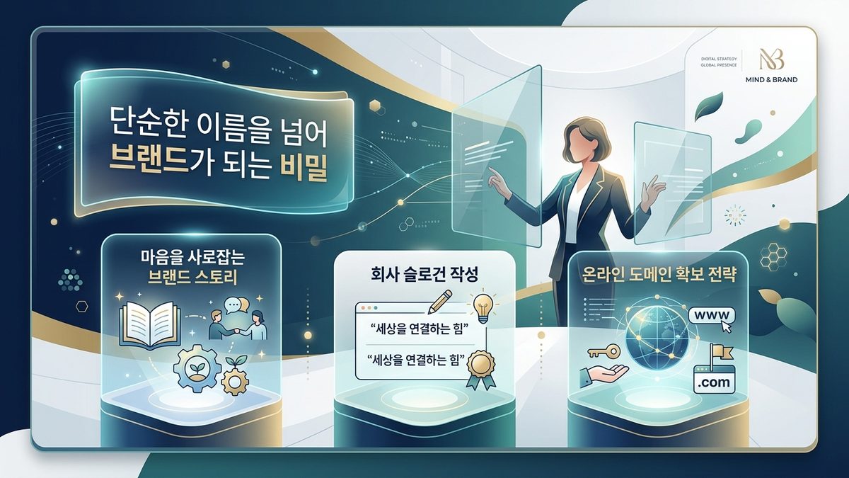 단순한 이름을 넘어 브랜드가 되는 비밀: 마음을 사로잡는 브랜드 스토리 및 회사 슬로건 작성과 온라인 도메인 확보 전략
